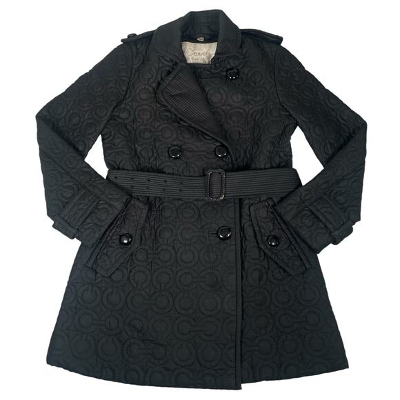 RARE Coach Quilted Pea Trench Coat Logo Black with Belt - Picture 1 of 11